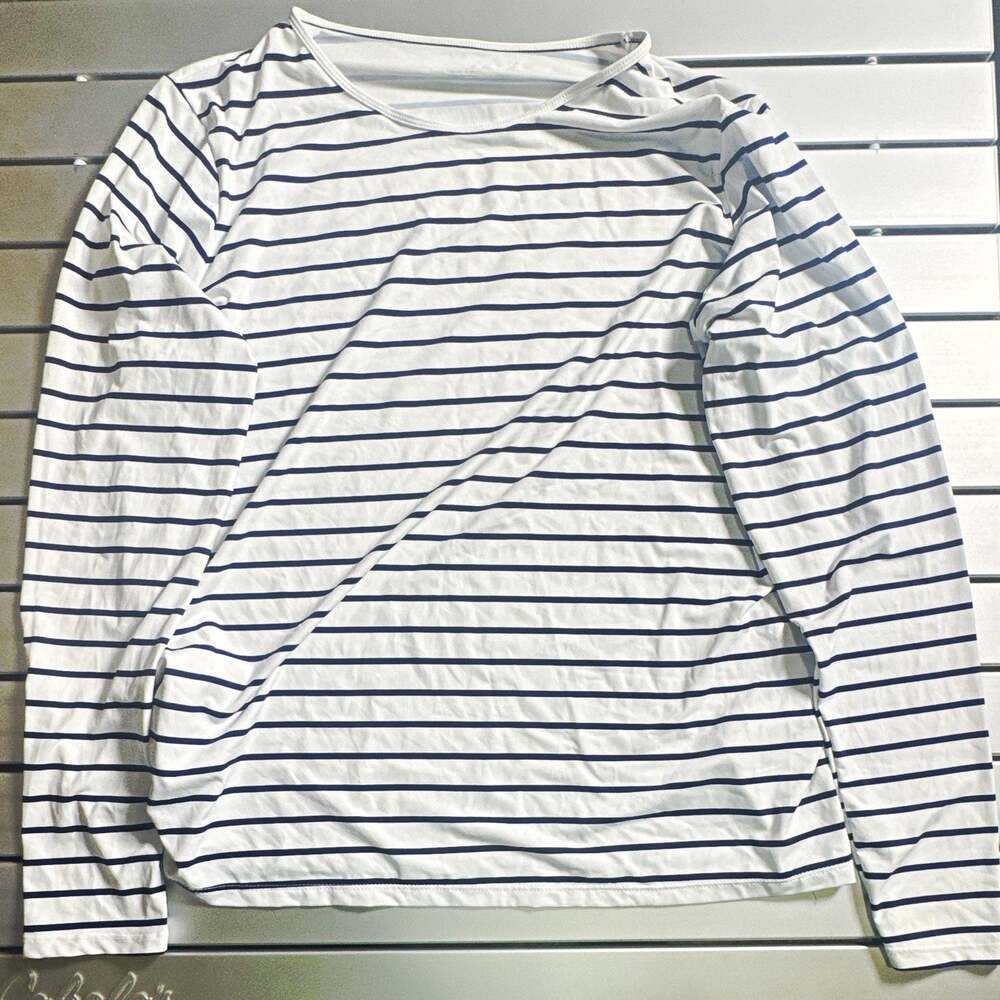 Lands' End Women's L White/Blue Striped Long Sleeve Rash Guard Swim Top Ruffle